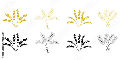 Wheat silhouette collection. Ear of wheat symbols. wheat icon, Grey Cereals icon set with rice, wheat, corn, oats, Vector farm wheat ears icon, Gluten free icon, Wheat logo. Icon bakery. eps 10