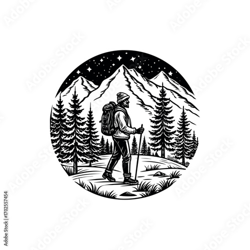 Hiker in a Mountain Forest at Night under the Stars Illustration