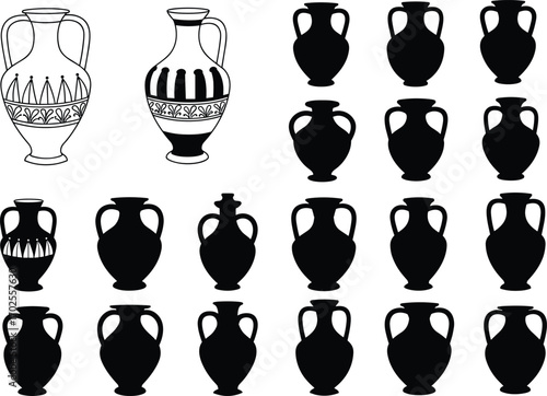 Ancient Greek amphora vase silhouettes and decorated pottery icons, ideal for archaeology, history, design, educational, and cultural themed projects