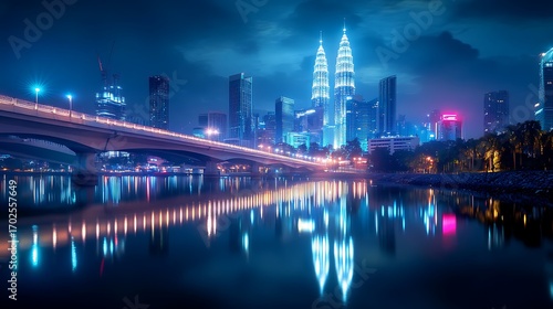 Kuala lumpur futuristic bridge glowing with neon lights and skyline picture