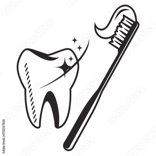 A stylized black and white illustration of a healthy tooth being brushed by a toothbrush with toothpaste and sparkling stars