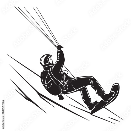 Man in helmet and winter clothing paragliding down a snowy slope with parachute lines above him
