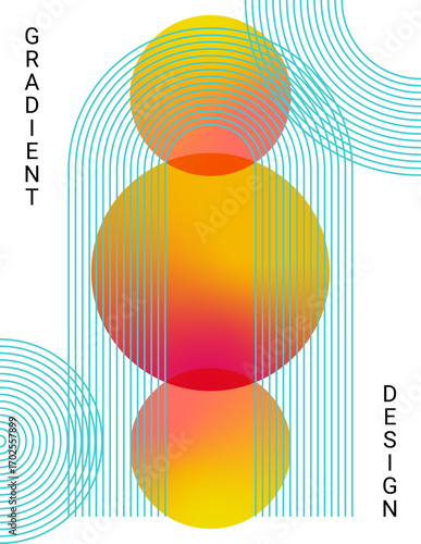 Background for a vertical poster with a wave and three circles in a minimalist geometric style with trendy colors on a white background.