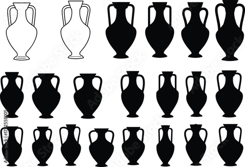 Ancient Greek vase silhouette collection, amphora pottery icons in black and white, perfect for history, design, logo, or education use
