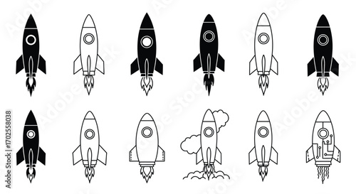 Rocket collection isolated on white background a diverse set of rocket illustrations, showcasing various designs for space exploration and technological advancement