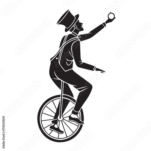 Silhouette of a man in a top hat riding a unicycle and juggling an apple, isolated on white background