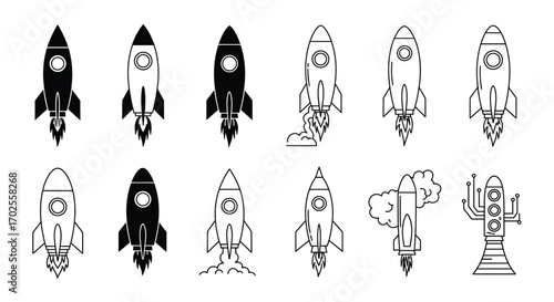 Rocket collection isolated on white background a diverse set of rocket illustrations, showcasing various designs for space exploration and technological advancement