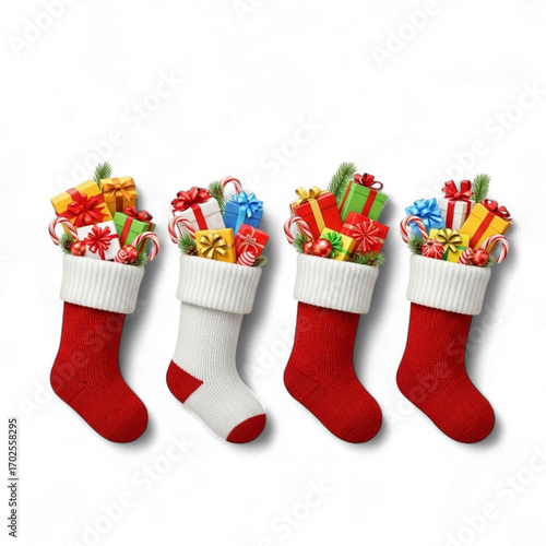 Four christmas stockings filled with gifts isolated on transparent background