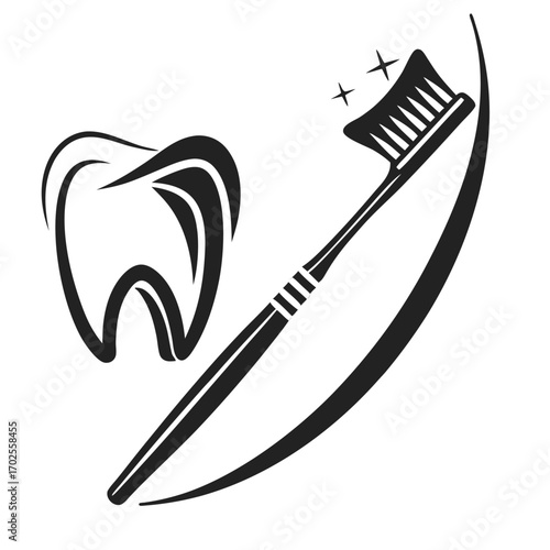 Black and white illustration of a sparkling tooth and a toothbrush with a curved line on a white background
