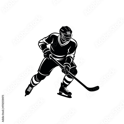 Silhouette of a Hockey Player in Action with Equipment and Focused Stance 