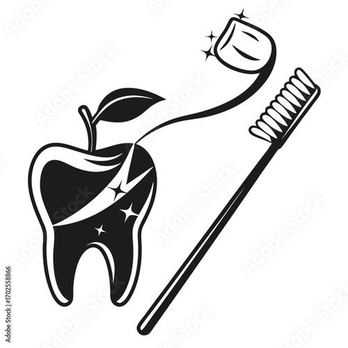 Black and white illustration of a tooth with an apple stem and leaves, and a toothbrush with sparkles on a white background