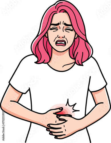 Woman in pain holding stomach with pink hair stomach ache abdominal pain