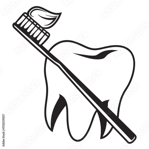 Black and white illustration of a toothbrush with toothpaste and a tooth on a white background
