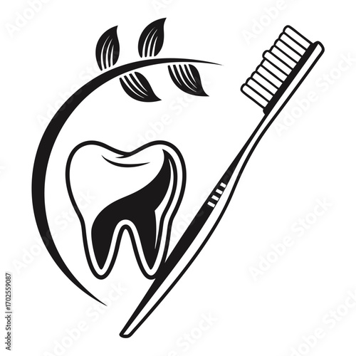 Black Silhouette of a Tooth and Toothbrush with Leafy Branch Accent on a White Background dental care