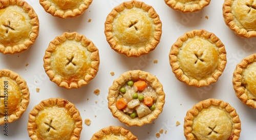 Flatlay of mini turkey pot pies in pastry cups on white background for thanksgiving celebration