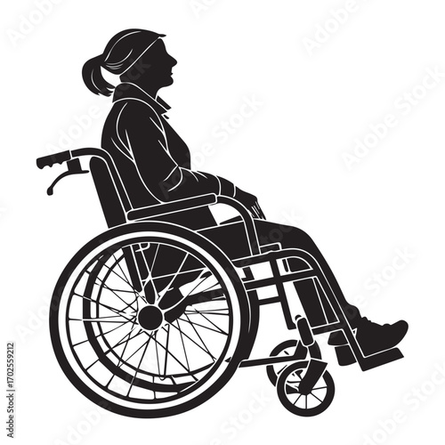 Silhouette of a woman sitting in a wheelchair, isolated on white background