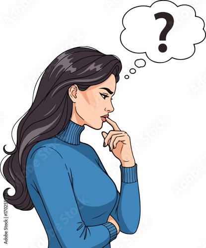 Woman Pondering With Question Mark in Thought Bubble thinking contemplation