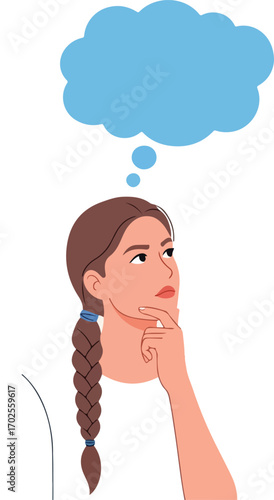 Woman with Braided Hair Deep in Thought with Thought Bubble thinking contemplation