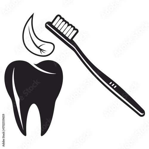 Black Silhouette of a Toothbrush with Toothpaste Swirl and a Tooth Icon on White Background dental