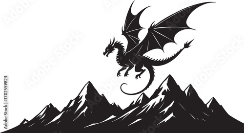 Silhouette of a dragon flying over jagged mountain peaks mythical creature fantasy
