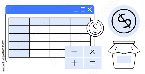 Financial table with calculator, dollar icon, and savings jar conveying budgeting, accounting, and money management. Ideal for finance, business, planning, education saving economy simple flat