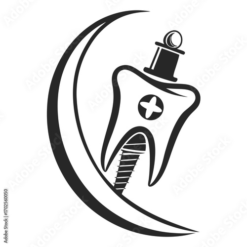 Stylized Dental Implant Icon with Crescent Moon Shape and Cross Symbol tooth dentistry