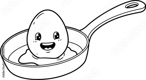 Cartoon egg with happy face in frying pan illustration in black and white line drawing style