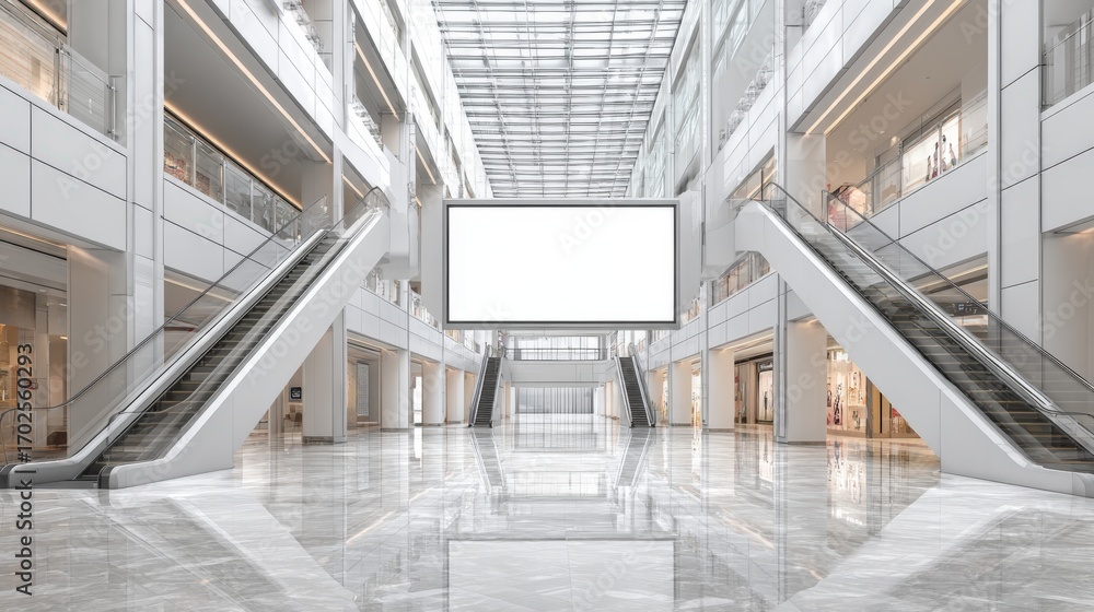 Fototapeta premium Modern Shopping Mall Interior with Escalators and Blank Billboard for Advertising Display Mockup