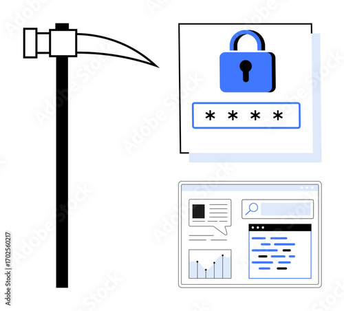 Pickaxe tool, password protection padlock, and data analytics dashboard. Ideal for cybersecurity, data mining, hacking prevention, information security, data analysis, password management simple