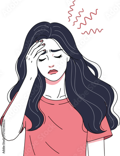 Woman with dark hair holding forehead in distress headache migraine