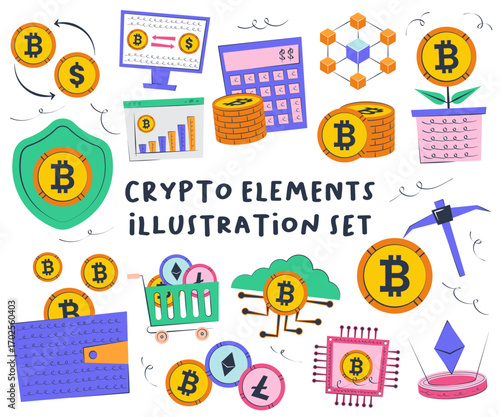 Crypto and Blockchain Elements Illustration Set