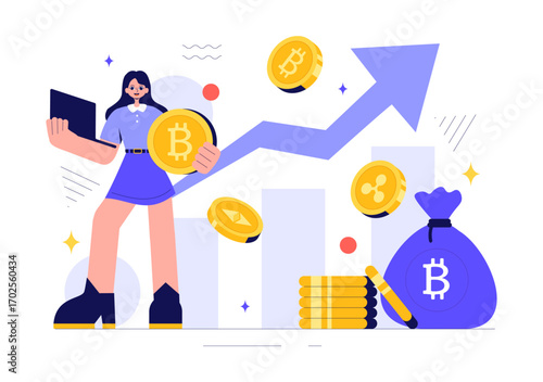 Woman Holding Bitcoin with Growth Arrow and Money
