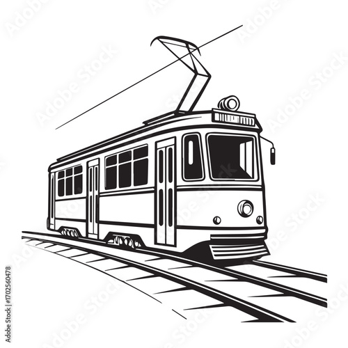 Vintage tram on railway tracks, a classic public transportation vehicle with an overhead power line, depicted in a black and white line art style