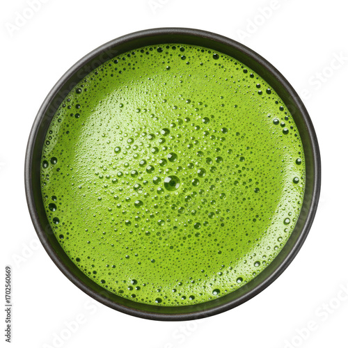 Frothy green matcha tea drink isolated on transparent background