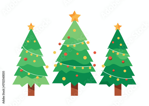 Three stylized Christmas trees with ornaments and star toppers on white background