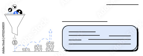 Funnel filtering inputs into a coin, stacked coins showing growth trajectory, and a text box for analysis. Ideal for marketing, sales strategy, lead creation, data analysis, financial planning