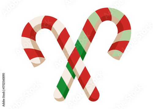 Two Crossed Candy Canes with Red Green and Cream Stripes on White on white background