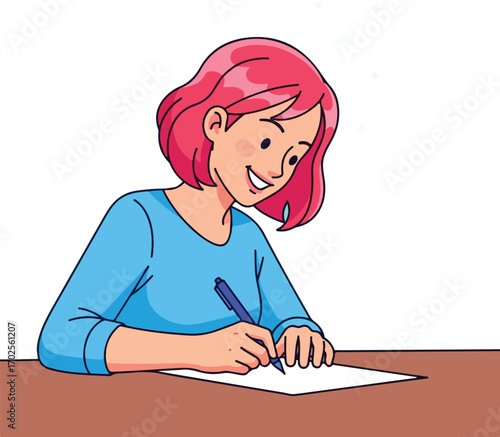 Woman with pink hair writing with pen on paper at desk vector illustration