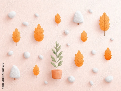 Autumnal Still Life: A Minimalist Arrangement of Plants, Stones, and Leaves