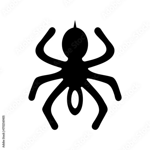 Stylized black spider with a pointy tip, standing on a white background