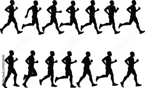 Running man silhouette set, jogging pose vector, male runner illustration, black athlete clipart, fitness workout motion graphic design