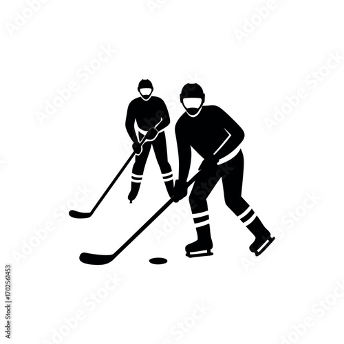 Two ice hockey players in action skating and ready to strike puck silhouette vector
