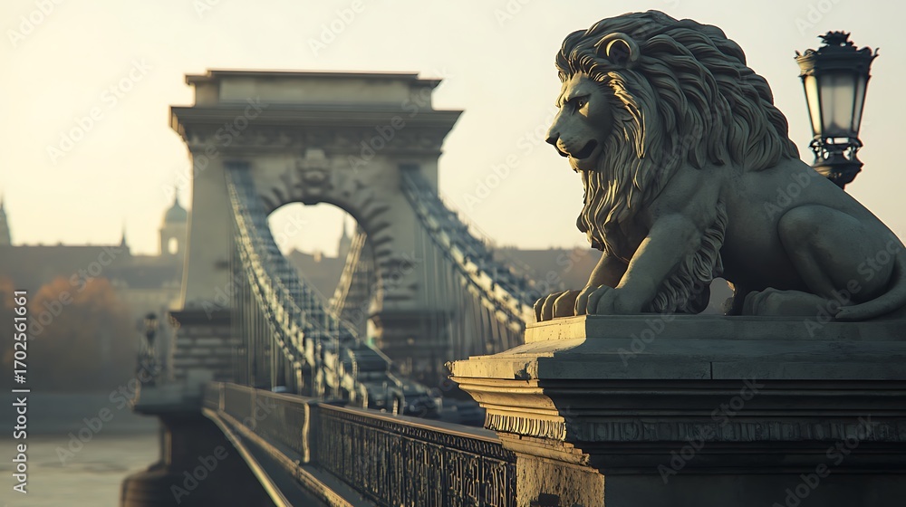 Fototapeta premium Majestic lion statue on szechenyi chain bridge in budapest hungary image