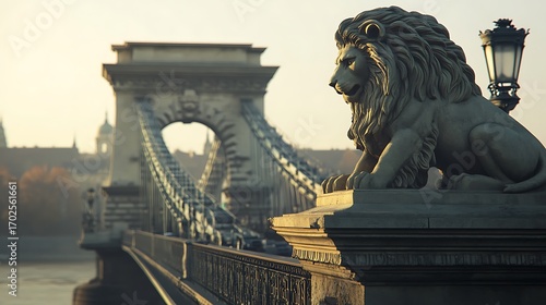 Majestic lion statue on szechenyi chain bridge in budapest hungary image