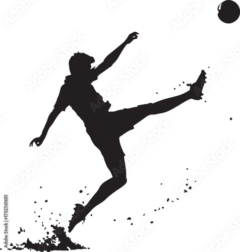 Silhouette of a soccer player kicking a ball with dust and splashes on a white background Keywords: soccer, football, player, kicking, ball, action, sport, athletic, silhouette, motion, dynamic