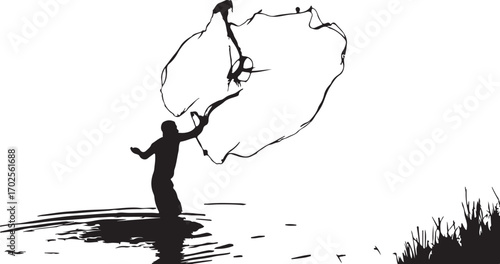 Silhouette of a fisherman casting a net into the water at dawn with reeds on the right fishing