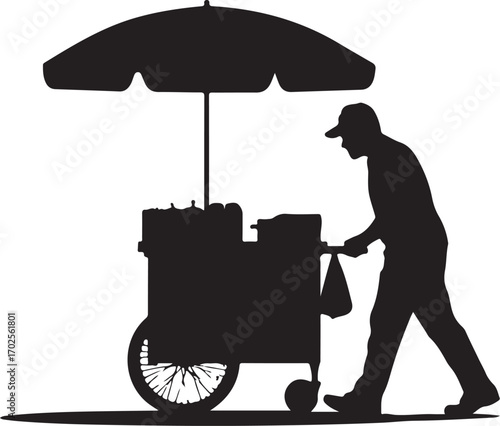 Silhouette of a vendor pushing a food cart with an umbrella from the side street vendor
