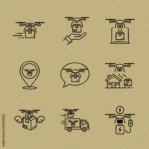 Set of nine black line icons representing drone delivery concepts including packages, location, communication, and electric charging