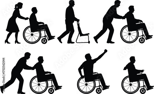 Diverse silhouettes showcasing wheelchair users and assistance diverse support and mobility assistance