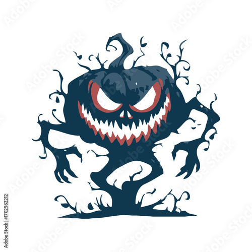 Dark pumpkin monster with sinister grin and clawed vine arms in bold graphic style on white background, concept of Halloween horror character